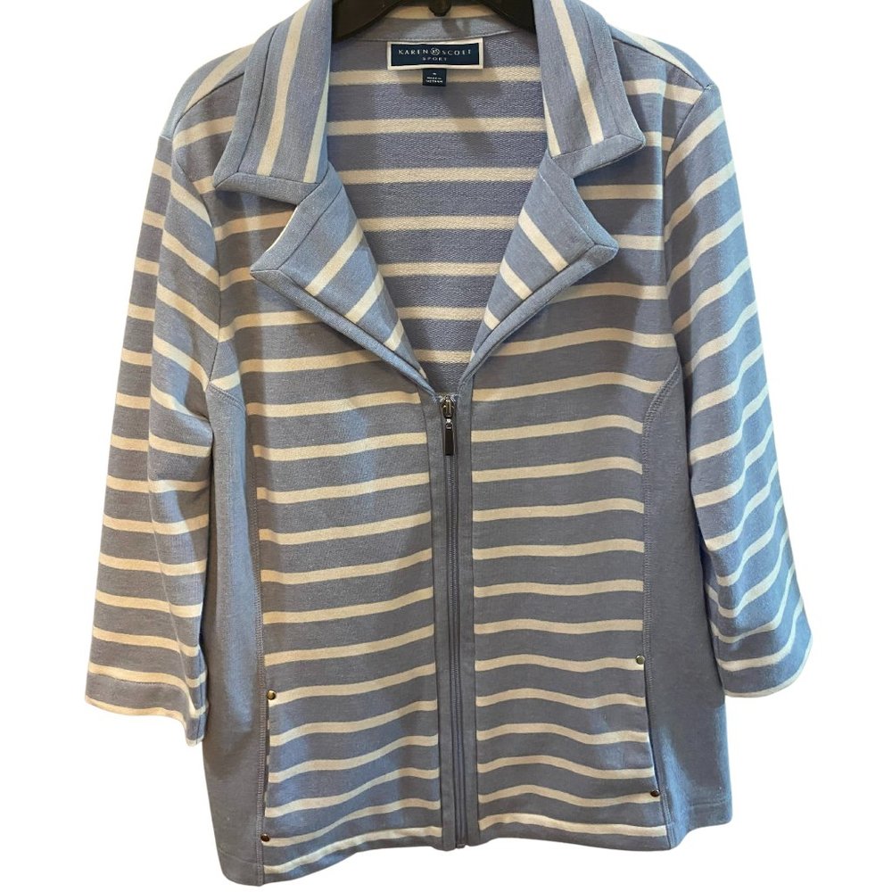 KAREN SCOTT SPORT BLUE AND WHITE STRIPED ZIPPER TOP SLIMMING SIZE SMALL
